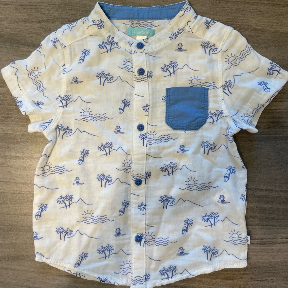 Obaïbi Baby Boy Shirt 23M NWT Blue Beach Print Cotton Button Up